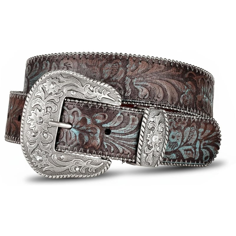 BC Belts Western Scroll Buckle with Turquoise Tinted Embossed Brown Leather Belt (L) - Image 1